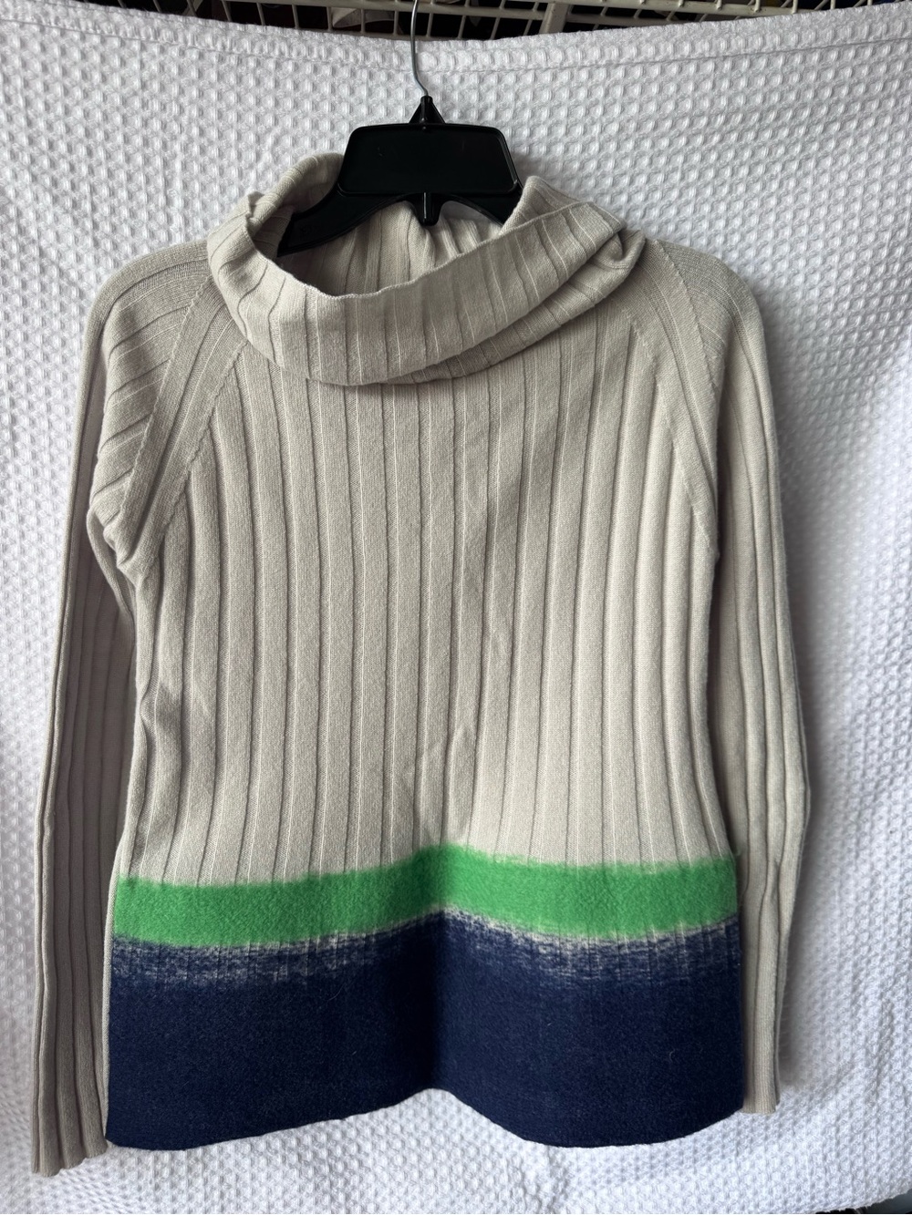 Giorgio Armani Cream Ribbed Turtleneck with Green and Navy Hem